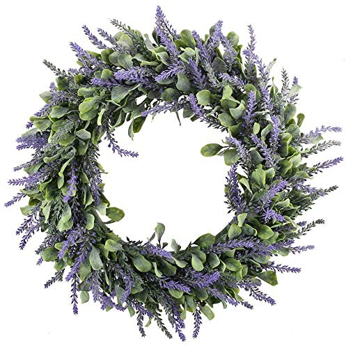 HUAESIN Artificial Lavender Wreath for Front Door, 45cm/17.7 inch Plastic Spring Summer Door Wreath, Fake Silk Purple Artificial Flower Wreaths for Window, Wall, Fireplace, Home, Wedding Decor