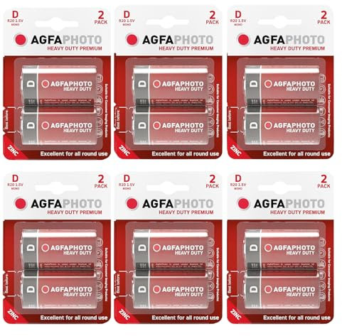 D Batteries, AgfaPhoto D Batteries 12 Pack - Heavy Duty Premium Zinc Carbon disposable Size D battery 1.5v For Low drain devices | toys | fairy lights | remotes | Flashlights | Clocks | Home Use |