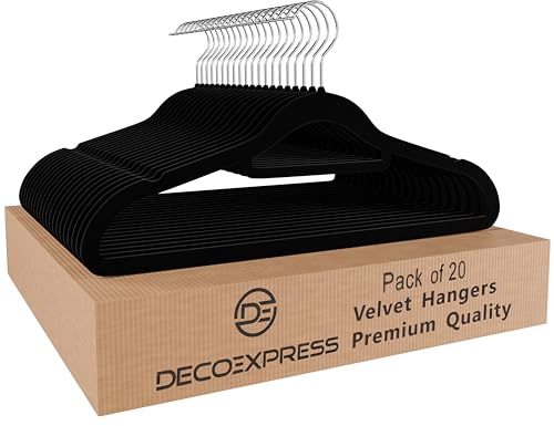 DECO EXPRESS Velvet Hangers, Multipack Non Slip Coat Hangers with 360° Swivel Hooks, Space Saving Wardrobe Organiser for Kids & Adults Clothes (Black, 20 Pack)