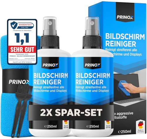 PRINOX 2x Bildschirmreiniger Set 250ml mit Mikrofasertuch und Pinsel - Display Reiniger für Handy, Laptop und TV Displays (LCD, LED, OLED, QLED, TFT) gegen Fettflecken und Fingerabdrücke