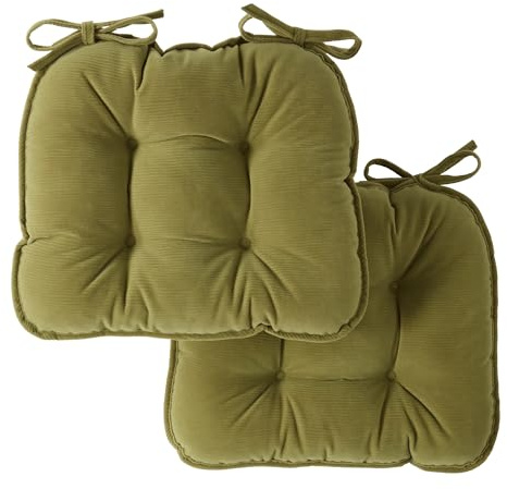 Indoor Reversible Tufted Corduroy Chair Pad with Ties (Set of 2), Army Green