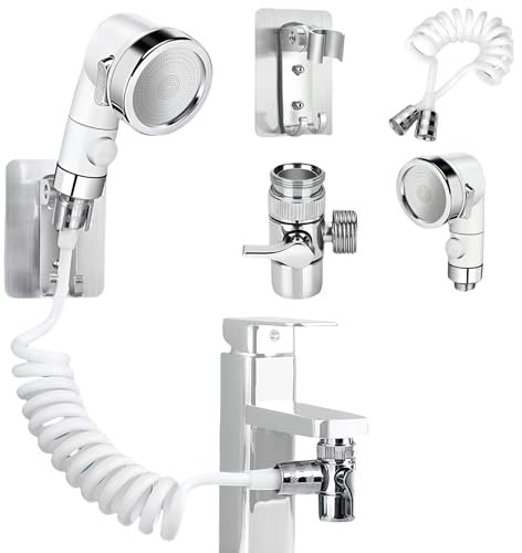 WANDGU Doccetta per Lavandino Bagno: Set di Doccetta Regolabile, Doccino per Bidet Set con Tubo Flessibile, Supporto a Parete e Convertitore per Disabili, Anziani, Animali Domestici (Bianco)