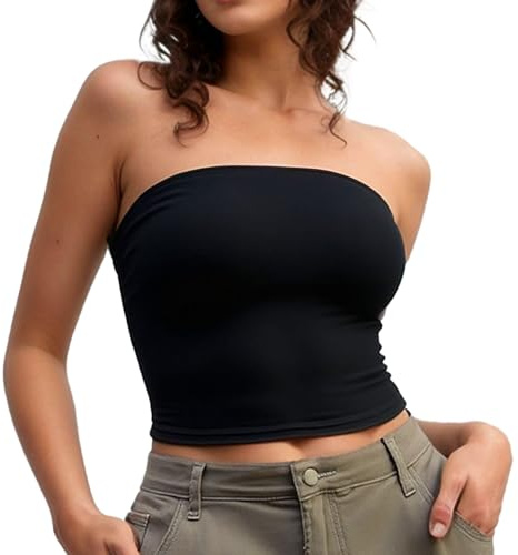 Damen Schulterfrei Tube Top Sommer Trägerloses Oberteile Sexy Bandeau Top Ärmellos Tank Top Y2k Fashion Rückenfreies Crop Tops (DE/NL/SE/PL, Alphanumerisch, M, Regular, Regular, Schwarz)