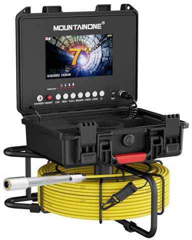 MOUNTAINONE Telecamera Ispezione Tubi con DVR, 7 Monitor Telecamera per Ispezione Tubi IP68 Impermeabile con 12 LED Luce Regolabili, Endoscopio Professionale Scheda da 32GB inclusa (20M/23mm Camera)