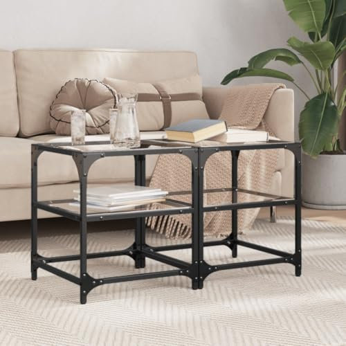 Couchtische mit Glasplatte und unterer Ablage 2er Set, Beistelltisch, Sofatisch, Kaffeetisch, Teetisch Tisch für Wohnzimmer, Büro, pflegeleicht, Transparent 40x40x45cm Stahl