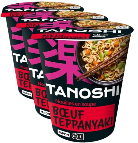 TANOSHI - Cup Nouilles Instantanées Bœuf Teppanyaki - Nouilles Japonaises Instantanées - 1 Personne - 65 g (Lot de 3)