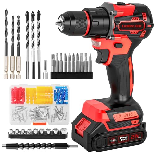 Drill, Cordless Brushless Hammer Drill and Screwdriver Set, 87PCS Accessories 2.0Ah 10mm 60N.m, 2 Speed 25+3 Electric Screwdriver, Power Impact Combi Battery Hand Drills Tool for Home Repair Men Gift
