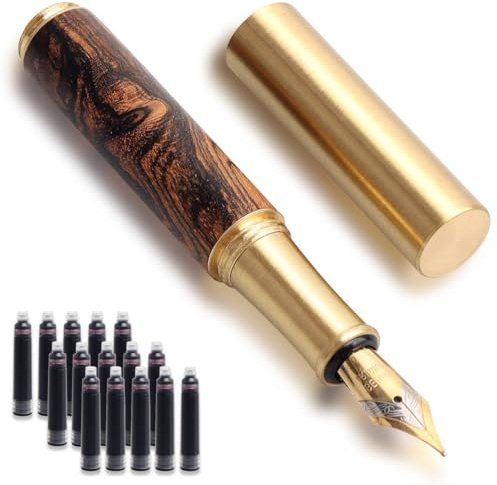 Cheynn Mini penna stilografica in legno, con tasca corta, 0,5 mm, punta fine, vintage, per calligrafia, con 15 nero, 2,6 mm, pezzi di ricambio per journaling, ufficio, materiale scolastico, viaggio