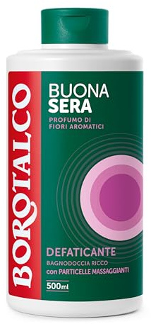 Borotalco, Bagnodoccia Buonasera Defaticante, con Particelle Massaggianti Biodegradabili e Profumo di Fiori Aromatici, Texture Cremosa, Dona Relax e Confort, Ideale per la Sera, Flacone 500 ml