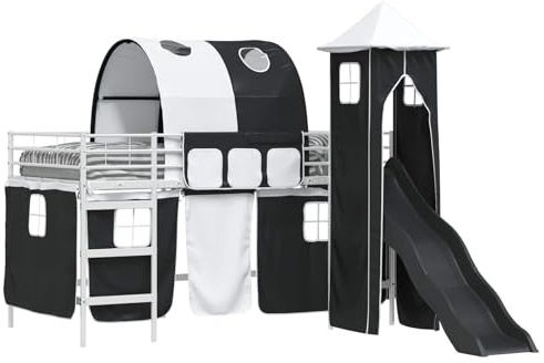 KKgypkn Modernes Hochbett mit Rutsche, Vorhang und Turm in Weiß und Schwarz 90x200 cm Metallrahmen – 4-teiliges Spielbett-Set für kreativen Spielspaß und gemütlichen Schlafbereich