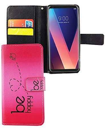 König Design Handyhülle Kompatibel mit LG V30 Handytasche Schutzhülle Tasche Flip Case mit Kreditkartenfächern - Be Happy Design Pink