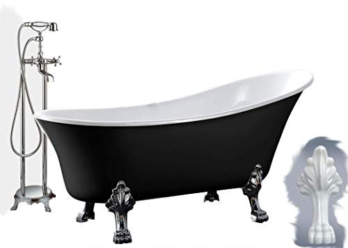 Freistehende Badewanne PARIS Acryl - 176 x 71 cm - Schwarz glänzend - Metallfüße & Standarmatur wählbar, Standarmatur:Inkl. Standarmatur 1414 Chrom, Farbe der Füße:weiß