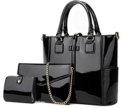 YAQUNICER Borse da Donna di Grande Capacità in Pelle Verniciata alla Moda 3 pezzi Tote Borse a mano spalla tracolla zainetto-Nero