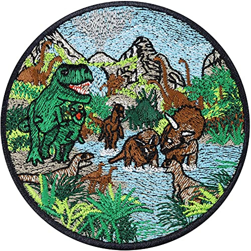 Aufnäher Dinosaurier Kunstwerk JURASSIC World Park Landschaft Bügelbild Dinos Sticker Applikation zum aufbügeln Brachiosaurus Tyrannosaurus Rex Kinder Geschenk für Kinderucksack | 80x80mm
