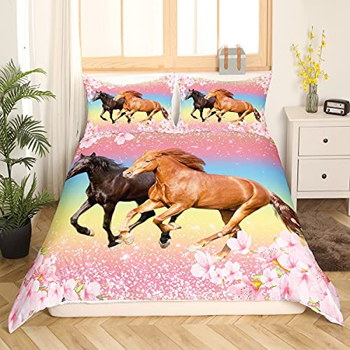 Girls Horse Bedding Set Twins Children Horses Pink Flowers Duvet Cover Set Soft Galloping Farm Horse Blossom Flower Bed Linen 135 x 200 cm for Teens Wild Animal Cherry Blossom Glitter Bed Linen