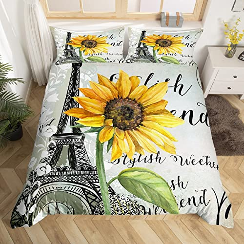 Loussiesd Set di biancheria da letto con copripiumino e motivo Torre Eiffel, motivo floreale botanico per bambini e ragazze, motivo: torre di Parigi