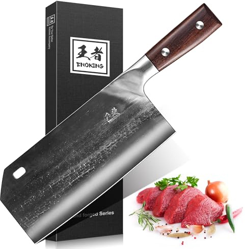 ENOKING 8.1″ Hand Forged Serbian Cleaver & Chef’s Knife – High Carbon Stainless Steel Butcher Knife with Full Tang for Kitchen & Outdoor