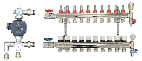 Wärmer System 10 Port Brass Underfloor Heating Manifold with A Rated UPM3 Auto Flex Pump,Blending Mixing Valve,16mm Pipe Connection and Ball Valves with Gauges for Water Underfloor Heating System