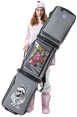 Multifunktions-Einzelboard-Skitasche mit rollenden Rädern, wasserfeste, gepolsterte Snowboardtasche mit großem Fassungsvermögen, Skischuh- und Helmtasche mit Mehreren Fäc