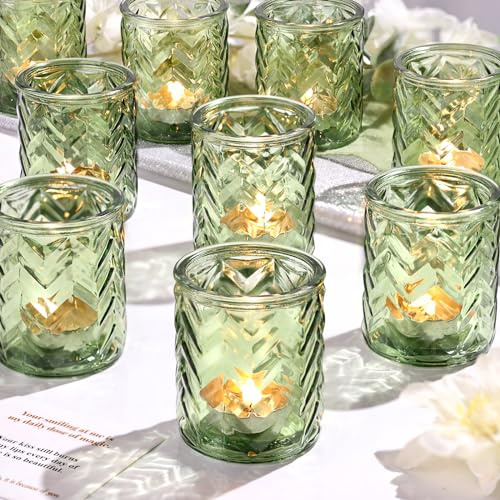 LAMORGIFT 12 PCS Green Glass Candle Holders - Green Tealight Holders, Wedding Decor, Party Centerpieces
