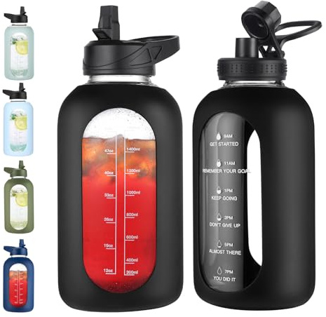 EALGRO 64 oz Glass Water Bottle With Straw and Handle, Half Gallon Sports Motivational Water Jug Flask with Silicone Sleeve, Large Water Cup with Time Marker for Travel, Gym, Black