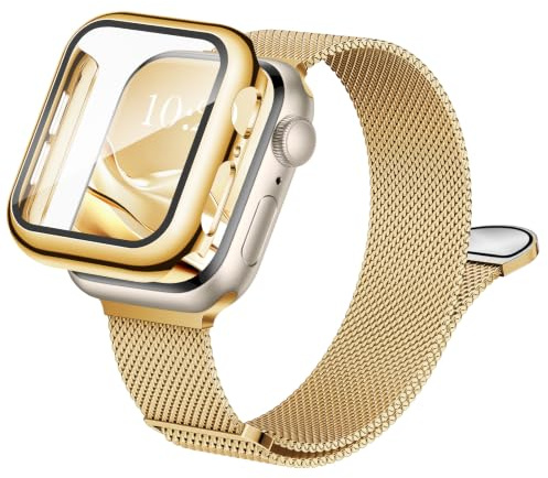 Raradev 3-in-1 Compatible with Apple Watch Metal Straps 45mm with Case & Screen Protector, Dual Magnetic Band and Protective Cover with 9H Tempered Glass for iWatch Series 9/8/7, Gold