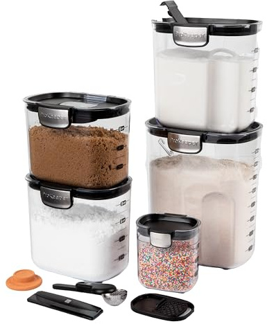 ProKeeper + Airtight Food Storage Containers Set - Transparent Plastic Flour and Sugar Canisters Set with Magnetic Accessories for Kitchen Organization (Black, 9-Piece)