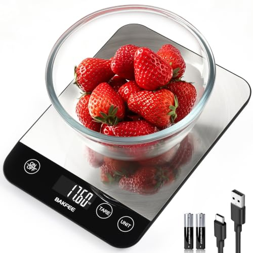 BakFee Food Scale, 33lb Rechargeable Kitchen Scale with Stainless Steel, Grams and Ounces, USB Charging, 1g High Accuracy for Baking, Cooking & Food Prep, Black, BK806