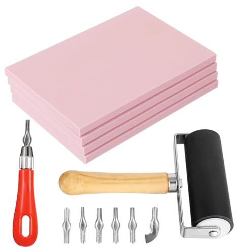 Fangxuee Kit per Intaglio di Blocchi di Gomma 4 Pezzi con Attrezzi da Taglio per Stampa Artigianale.