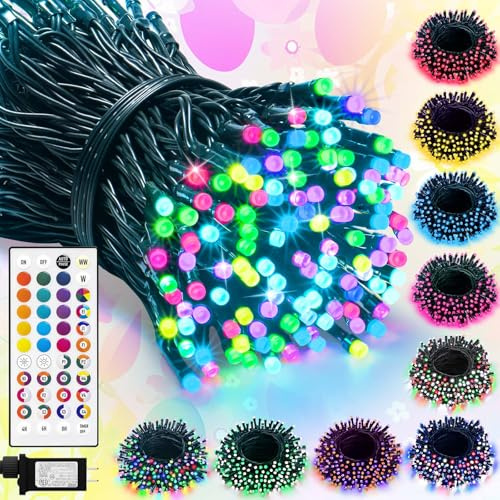 LitHome 33Ft 100 LED Color Changing Christmas String Lights, 35 Colors 9 Modes Red White and Blue Lights Outdoor with Remote, 4th of July String Light Plug in Green Wire for Independence Day Xmas Tree