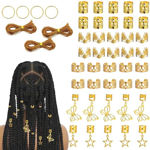 Zosutetoxo 48stück Gold Haarschmuck Set: Zinklegierung Haar Accessoires mit Verstellbaren Haarringen, Vielseitiger Haarschmuck für Zöpfe und Dreadlocks bei Frauen und Männern