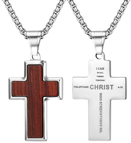 Cupimatch Holzkreuz Halskette Herren, Schwarz Silber Edelstahl Kreuzanhänger mit Bibelvers Philipper 4:13 Holz Religiöser Schmuck Christliche Geschenke für Männer Taufe Kommunion Ostern Weihnachten
