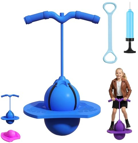 Pogo Pogo - Palla di salto per bambini e adulti, Pogo Stick con manico, pallina da gonfiaggio per bambini, fondo antiscivolo, capacità di carico 300 kg, per allenare l'equilibrio (blu, con braccioli)