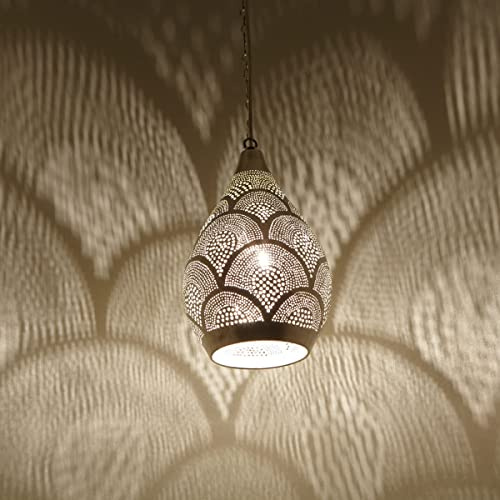 Lampe suspendue orientale Véritable laiton argenté Artisanat Egypte Superbes effets lumière 1001 nuit Samak D17