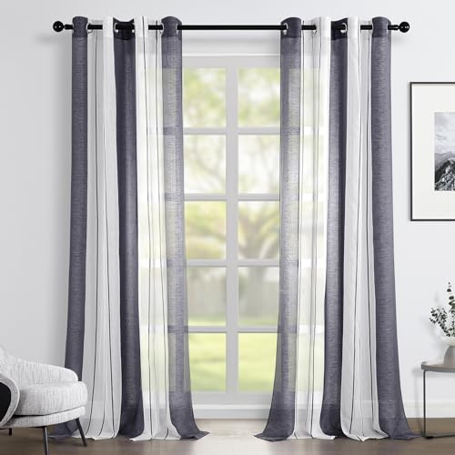 Topfinel Vorhänge mit Ösen Stores Gardinen Weiß-Grau Streifen Vorhang Halbtransparent kurz Ösenvorhang 140x235 cm Dekorieren Moderner Wohnzimmer