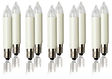 hellum Ersatzbirnen für Lichterbogen, 10 Stück 8V 3W klein-Schaftkerzen für Schwibbogen, für Ersatz-Kerzen Lichterketten innen und außen mit 30 Brennstellen, ø10mm E10/ 8V/ 3W/ 22Lumen 932010