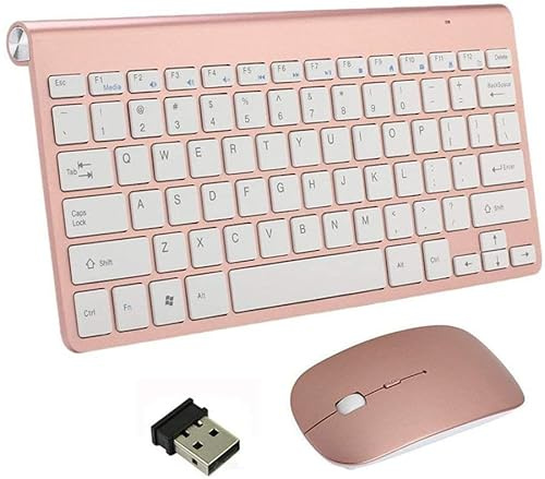 Juego de Teclado y Mouse Inalámbricos, Teclado y Ratón 2.4G Combinación de Mini Teclado y Ratón USB Disposición del Reino Unido (Oro Rosa)