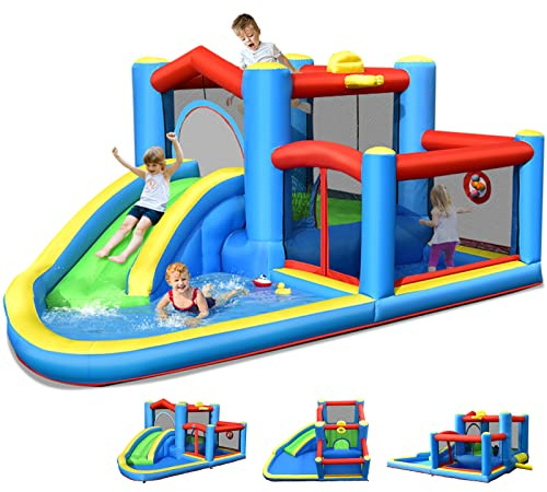 COSTWAY Château Gonflable avec Toboggan et Maison de Saut, Aire de Jeux Gonflable avec Piscine et Panier de Basket, Intérieur Extérieur jusqu'à 3 Enfants de 3-12 Ans,sans Souffleur