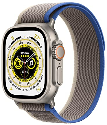 Apple Watch Ultra (GPS + Cellular, 49mm) Smartwatch - Titangehäuse, Trail Loop Blau/Grau - M/L. Fitnesstracker, präzisesGPS, Aktionstaste, extra Lange Batterielaufzeit, helleres Retina Display
