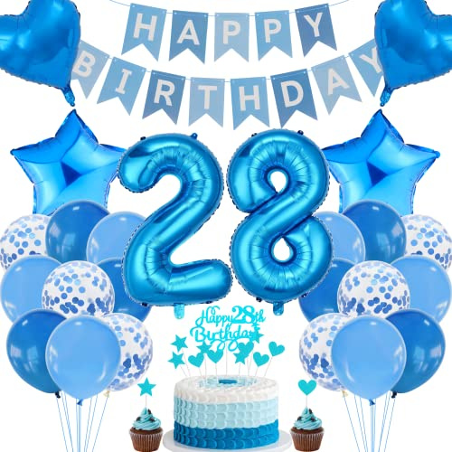 Cnrose 28th Birthday Decoration - Blue Cake Decoration for 28 Years Old Man, Woman or Couple