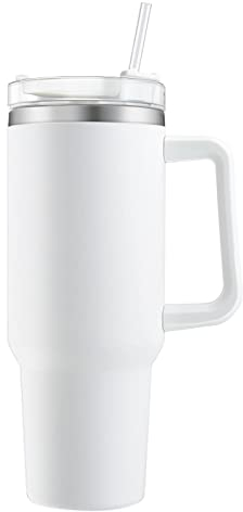 40oz Doppelwandiger Edelstahl Vakuum Isolierbecher Becher mit Griff und Strohhalm 1200ml Tumbler Trinkbecher Isolierter Kaffeebecher Autobecher Reisebecher Thermobecher Für Kalte Heiße Getränke Weiß