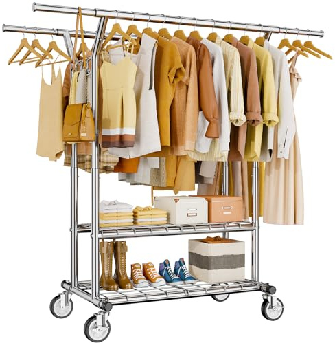 HYSEYY Heavy Duty Clothes Rack, Rolling Clothing Rack With Shelves Load 620 LBS, Double Rod Clothing Racks for Hanging Clothes, Portable& Adjustable Clothes Rack with Wheels Garment Rack