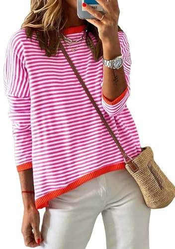 Cuptacc Pullover Damen Elegant Gestreifts Sweatshirt Rundhals Casual | Baumwolle,Rundhals,Gestreifts,Atmungsaktiv,Lässig Bequem,Weich Hautfreundlich,Locker,Alltag