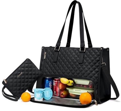 LOVEVOOK Lunchtasche für Frauen, 15,6 Zoll (39,6 cm) Laptop-Tasche mit isoliertem Lunchfach, gepolsterte Computer-Handtasche mit großer Kapazität und Geldbeutel für Arbeit, Uni, Büro - Schwarz