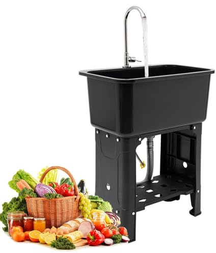 DSKJHI Fregadero con Patas Cocina Exterior Grande De Un Solo Tazón - 76 Cm De Alto Lavabo Independiente para Lavadero Garaje con Grifo, Plástico Engrosado Gris/Negro(Black,40x40cm/15.5x15.5inch)