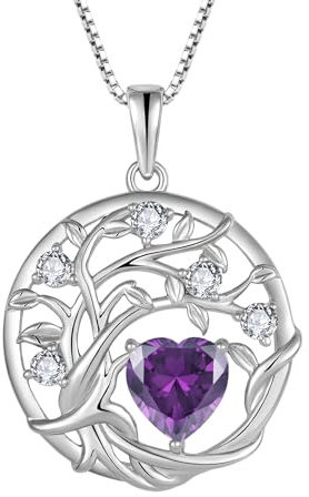 FJ livets träd kedja damer 925 sterlingsilver livets träd halsband hänge födelsesten smycken gåvor för kvinnor, Kubisk zirkon, Ametist