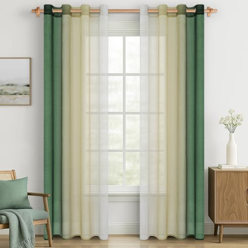 MRTREES Gardiner voile med öljetter, transparent, set om 2, färggradient, olivgrön, gardiner, transparent, 225 cm lång 140 cm bred gardin, öljettgardin, för vardagsrum, modernt sovrum