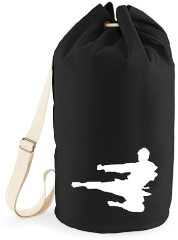 Huuraa Seesack Karate Silhouette Geschenk | Tasche 20 Liter Strandtasche Black Baumwolle Rucksack Geschenkidee Schwarze Sporttasche Duffle Bag mit Kordelzug Verschluss