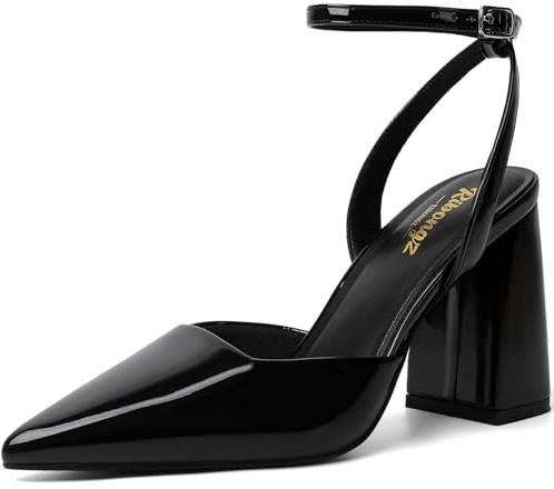 RIBONGZ Block Black Heels for Women Closed Pointed Toe Pumps Slingback Chunky High Heel Ankle Strap Heeled Patent Leather Comfort Dressy Shoes for Work Party Prom Wedding Bridal Dress Size 8.5