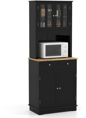 GiantexUK Tall Kitchen Cupboard, Freestanding Storage Cabinet with Rubber Wood Countertop, Adjustable Shelves & Drawers, 4-Door Pantry Cabinet for Home Kitchen Dining Living Room, White (Black)
